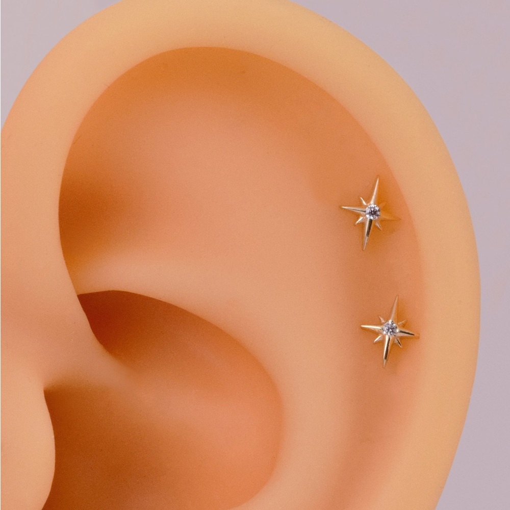 Solid gold and cubic zirconia star stud